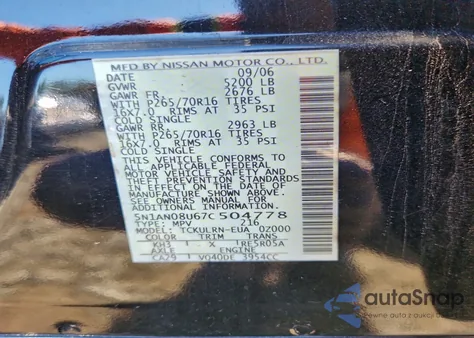 2007 Nissan Xterra z USA, uszkodzony, nr VIN 5N1AN08U67C504778